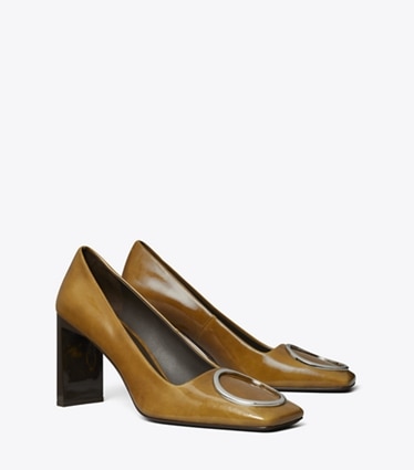 Tory Burch designer heels Ring Pump in CARAMEL TAN / SILVER angle