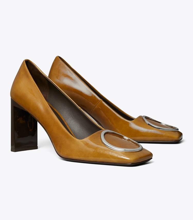 Tory Burch designer heels Ring Pump in CARAMEL TAN / SILVER angle