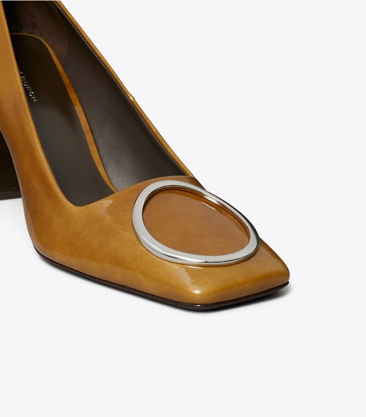 Tory Burch designer heels Ring Pump in CARAMEL TAN / SILVER detail