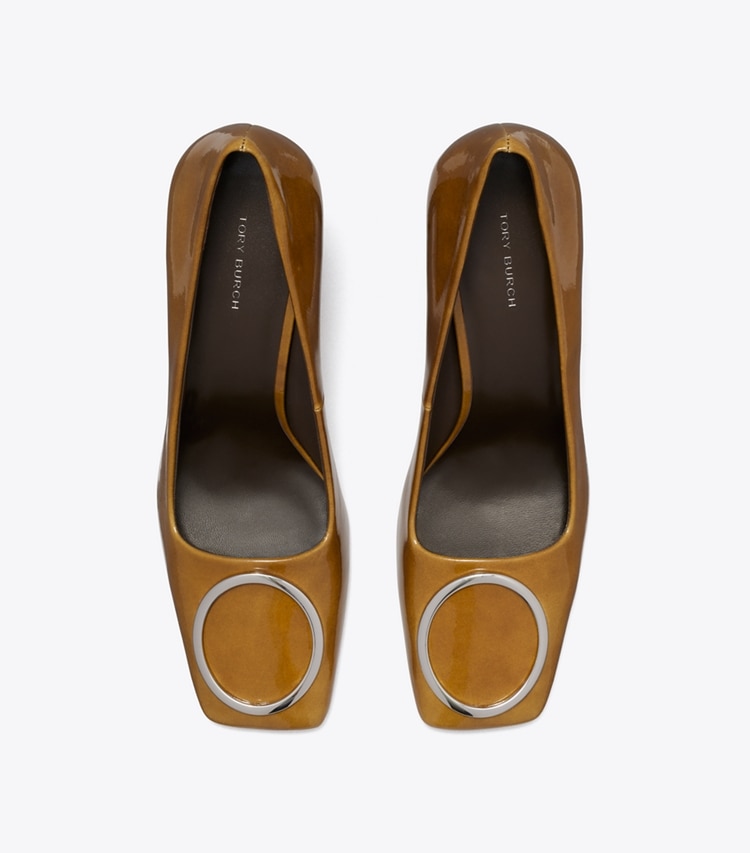 Tory Burch designer heels Ring Pump in CARAMEL TAN / SILVER overhead
