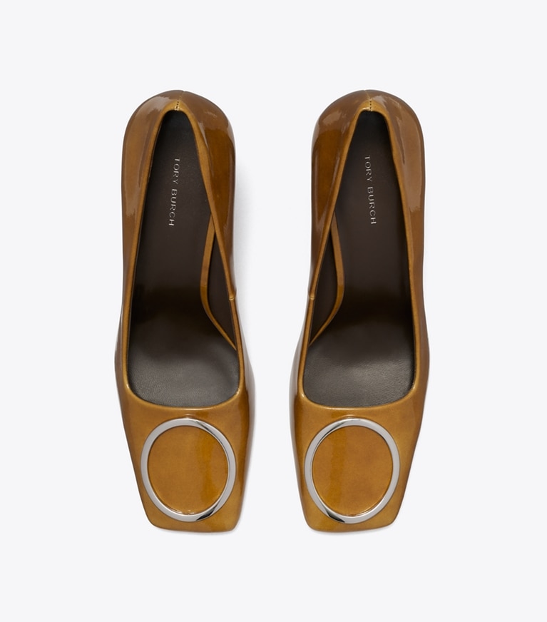 Tory Burch designer heels Ring Pump in CARAMEL TAN / SILVER angle