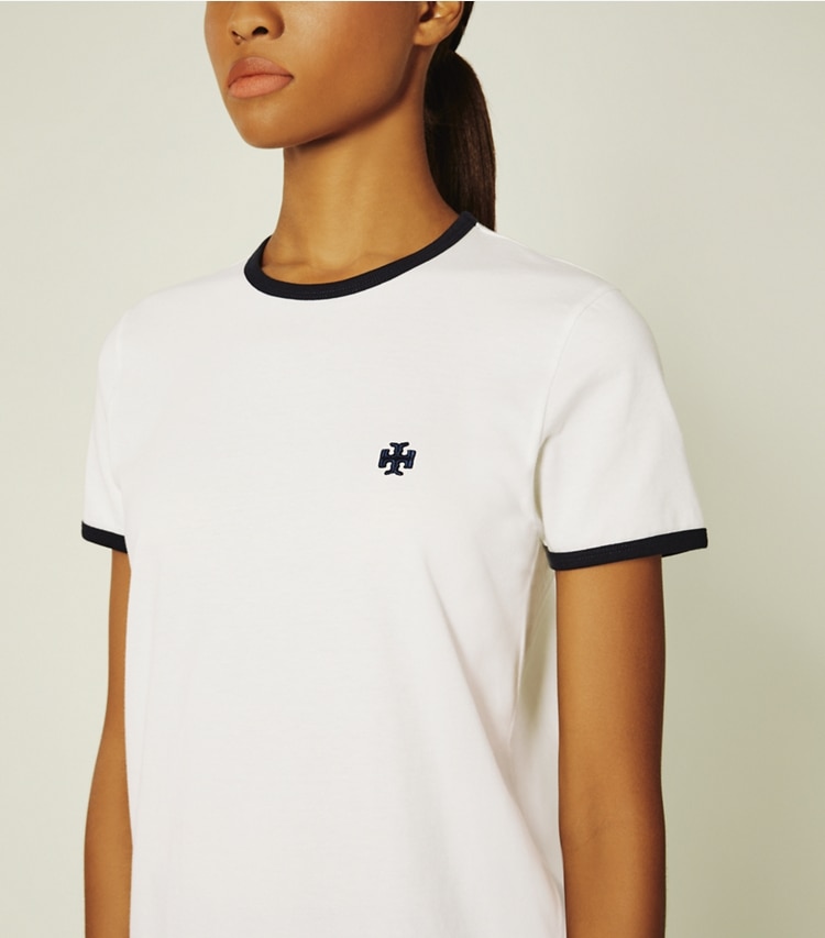 Tory Sport designer tops Ringer T-Shirt in Snow White on model detail