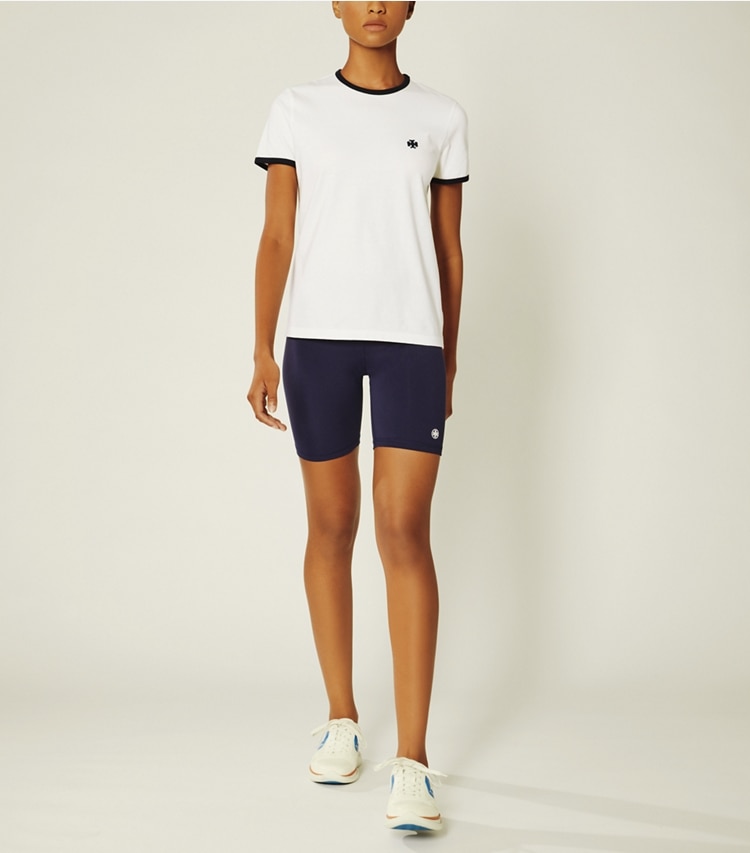Tory Sport designer tops Ringer T-Shirt in Snow White on model front
