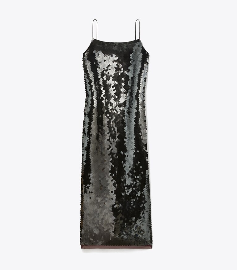 Tory Burch designer robes Robe à bretelles à paillettes dans Dark Scarlet de face
