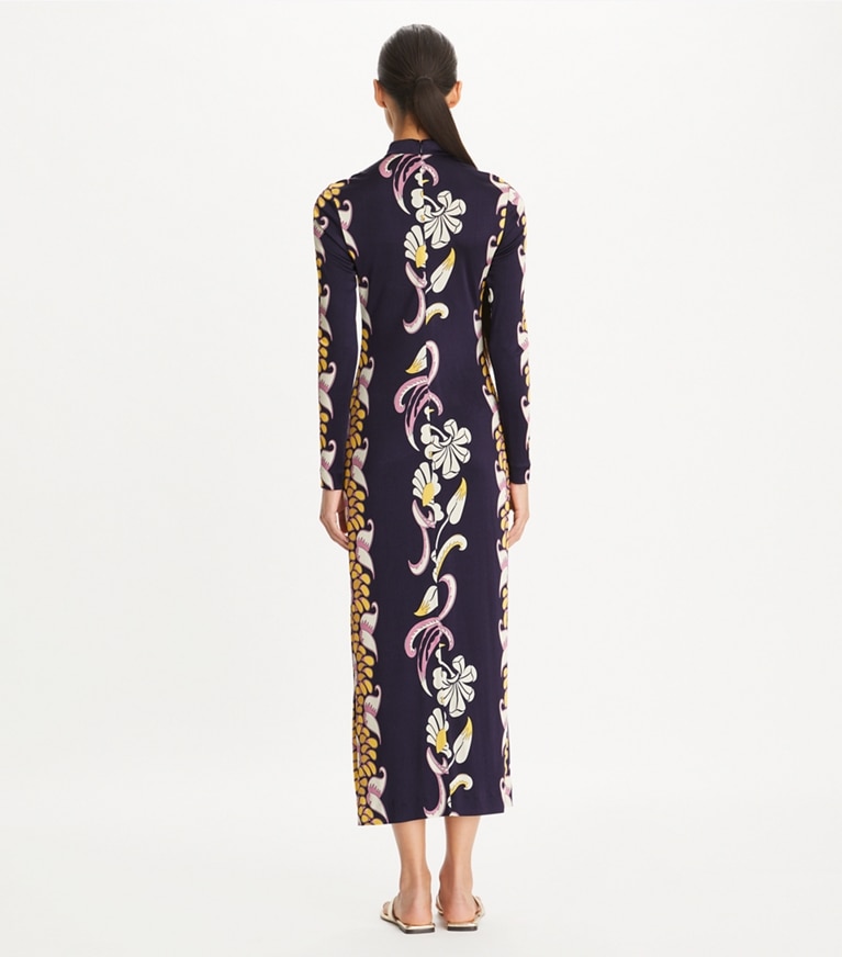 Tory Burch designer robes Robe à col montant en jersey imprimé in Pink Tropical Border on model back