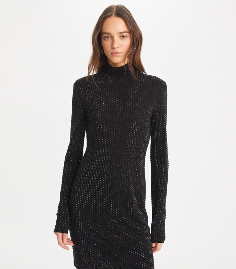 Tory Burch designer robes Robe à col roulé en viscose orné dans Black détail sur modèle