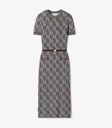 Tory Burch designer robes Robe à logo en jacquard dans Cool Mist / Chocolate de face