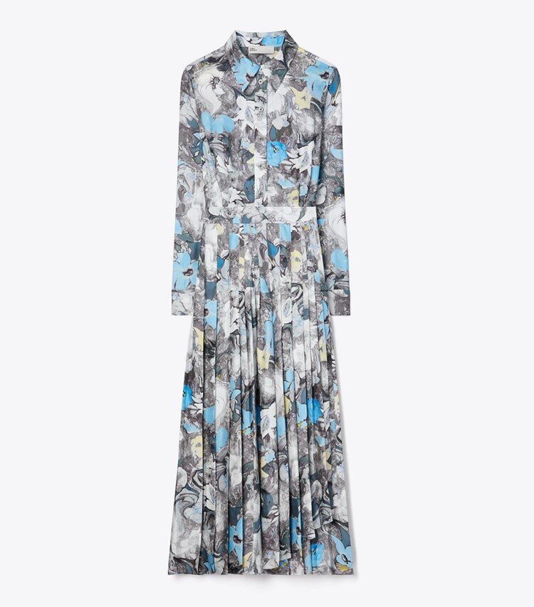 Tory Burch designer robes Robe à pinces en sergé de soie imprimée in Blue Abstract Floral front