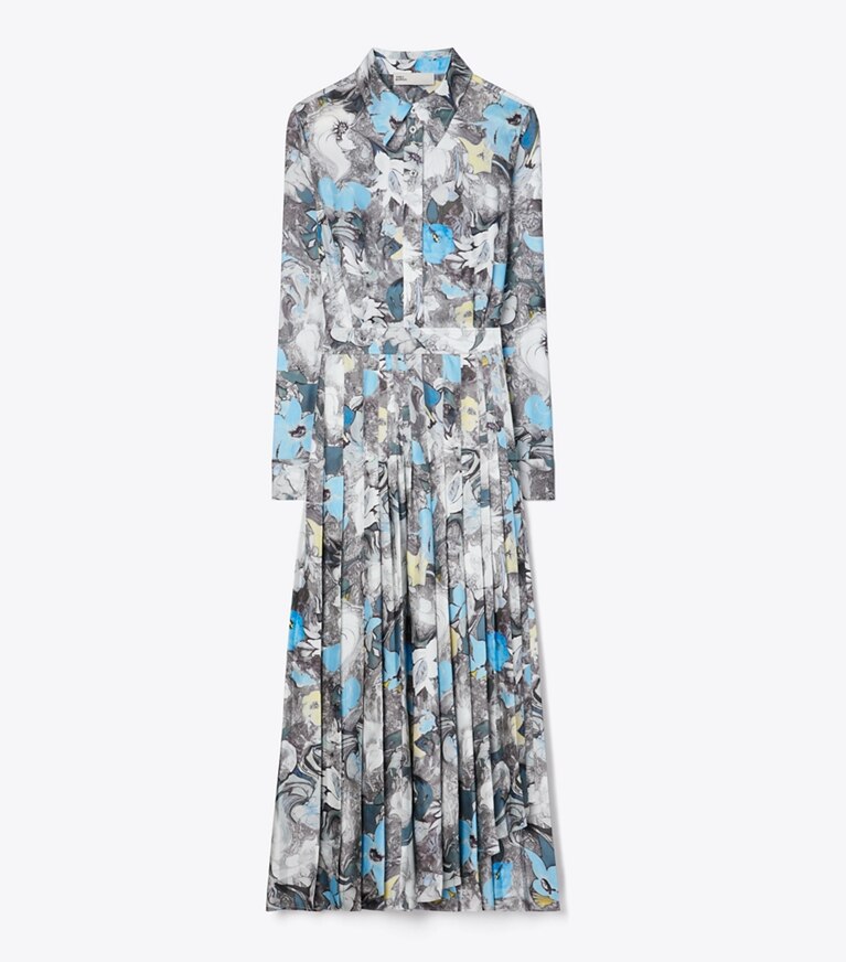 Tory Burch designer robes Robe à pinces en sergé de soie imprimée in Blue Abstract Floral front
