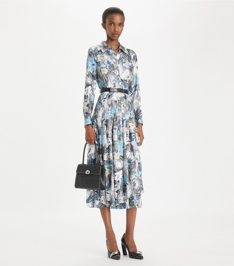 Tory Burch designer robes Robe à pinces en sergé de soie imprimée in Blue Abstract Floral front