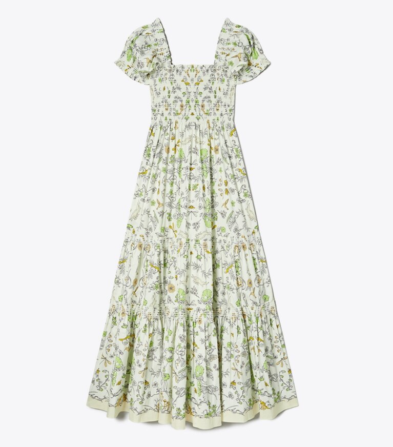 Tory Burch designer robes Robe à smocks en coton imprimé dans Beige Rabbit Field de face