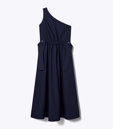 Tory Burch designer robes Robe asymétrique en coton ceinturée dans Medium Navy de face