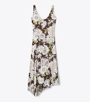 Tory Burch designer robes Robe asymétrique en viscose imprimée dans Brown Floral de face