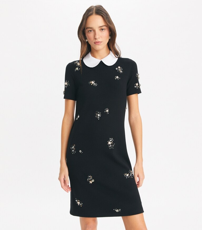 Tory Burch designer robes Robe-chandail à col en popeline orné dans Black détail sur modèle