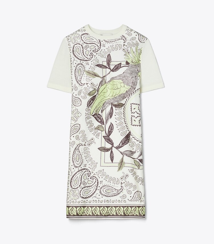 Tory Burch designer robes Robe-chandail à devant de soie dans New Ivory / Mint Cockatoo de face