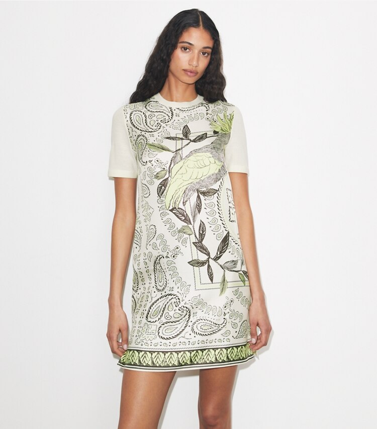 Tory Burch designer robes Robe-chandail à devant de soie dans New Ivory / Mint Cockatoo détail sur modèle