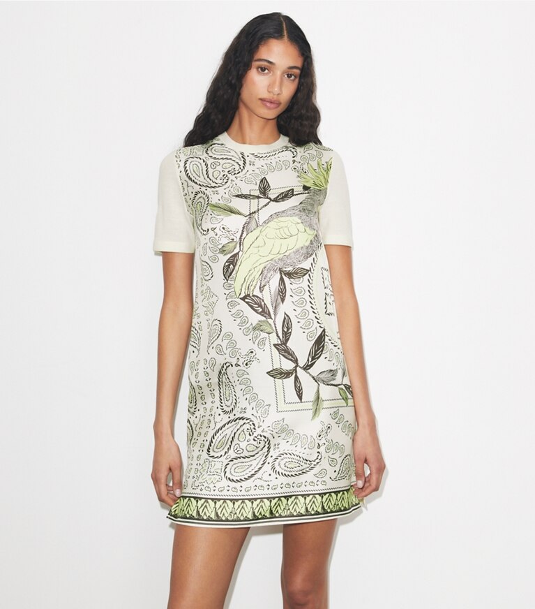 Tory Burch designer robes Robe-chandail à devant de soie dans New Ivory / Mint Cockatoo détail sur modèle