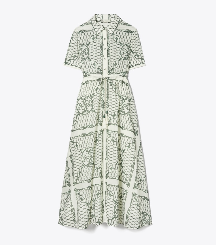 Tory Burch designer robes Robe chemise en coton imprimé dans Ivory/Green Rope de face