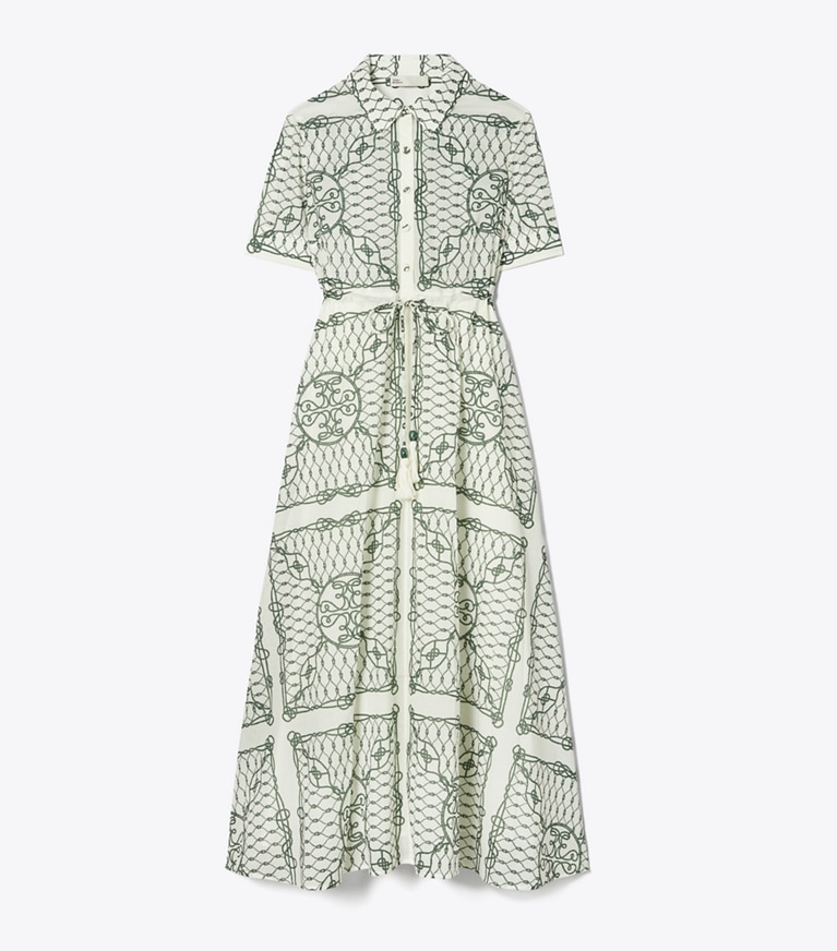 Tory Burch designer robes Robe chemise en coton imprimé dans Ivory/Green Rope de face
