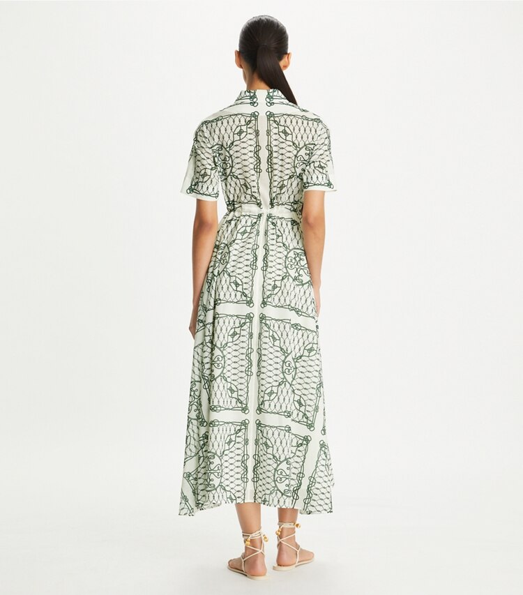 Tory Burch designer robes Robe chemise en coton imprimé dans Ivory/Green Rope sur modèle, de dos