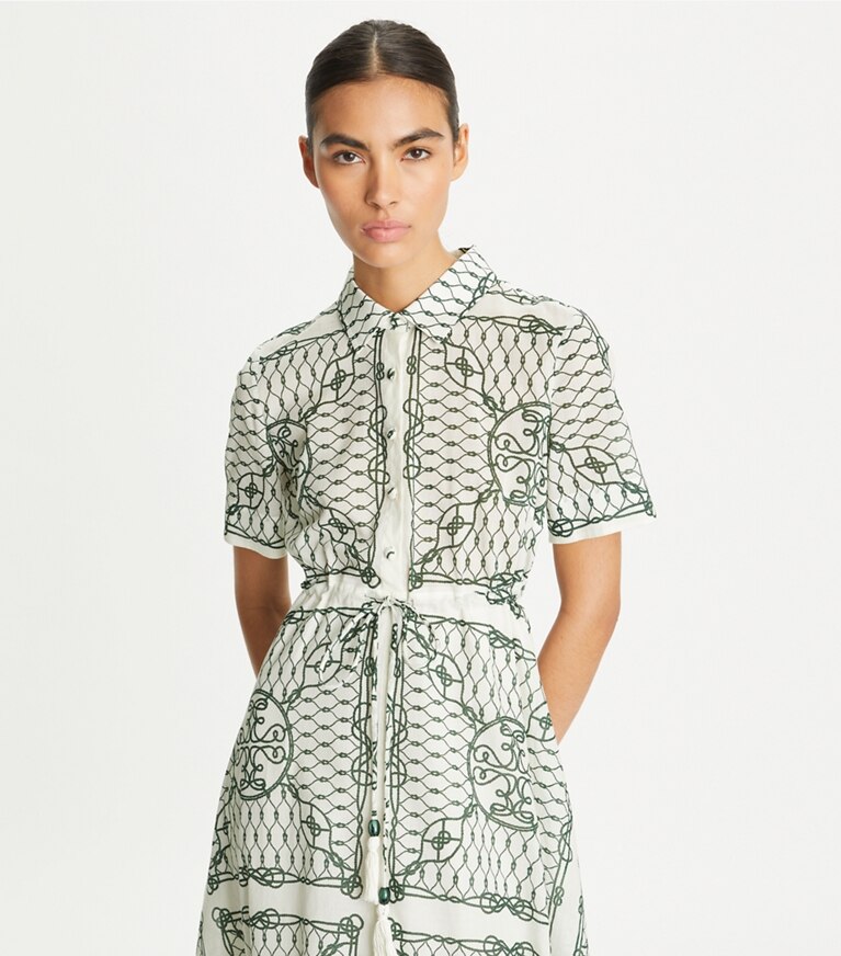 Tory Burch designer robes Robe chemise en coton imprimé dans Ivory/Green Rope détail sur modèle