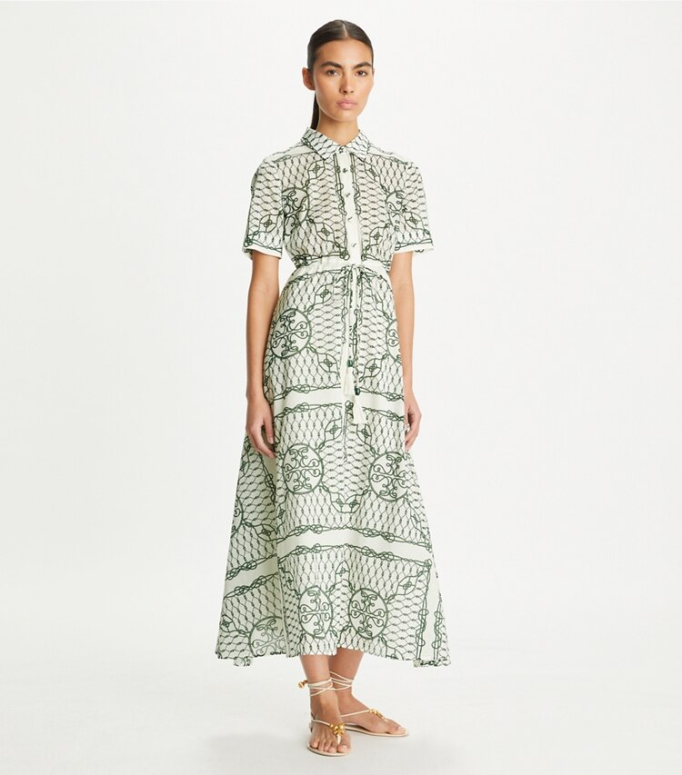 Tory Burch designer robes Robe chemise en coton imprimé dans Ivory/Green Rope sur modèle, de face