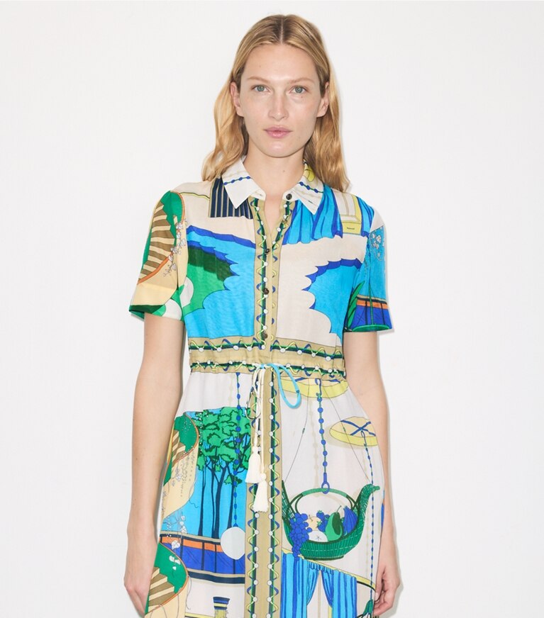 Tory Burch designer robes Robe chemise en coton in The Pool Blue on model detail