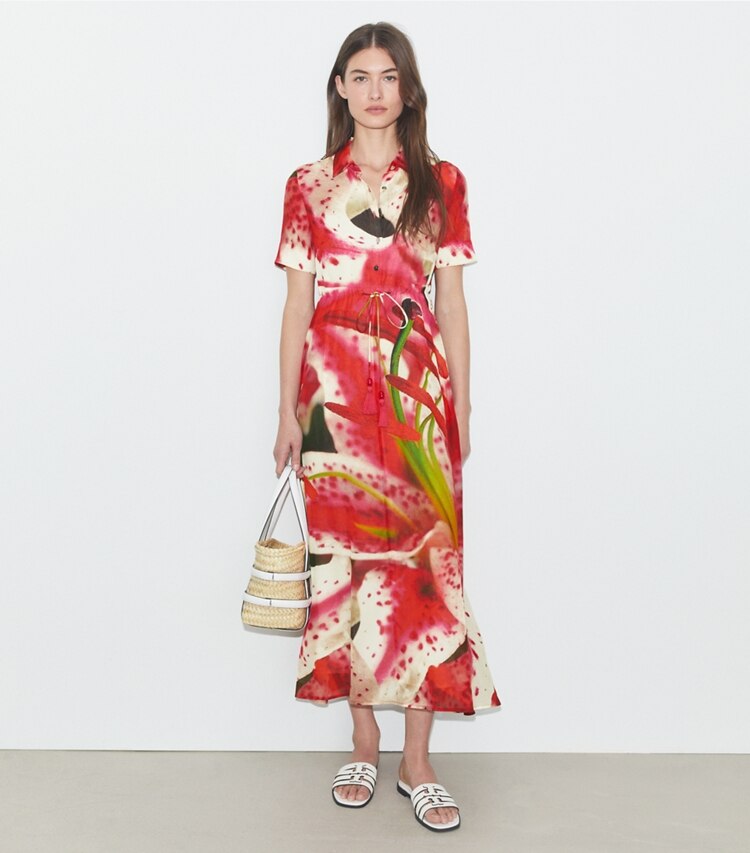 Tory Burch designer paréos Robe chemise en coton in Pink Lily sur mannequin, devant