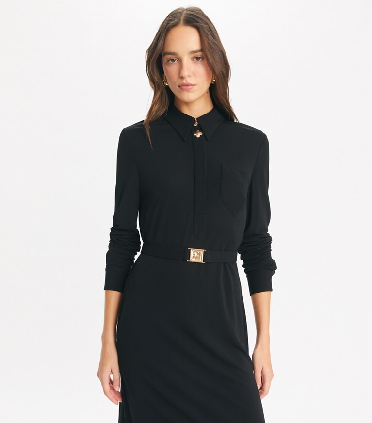Tory Burch designer robes Robe chemise en jersey à ceinture in Black front