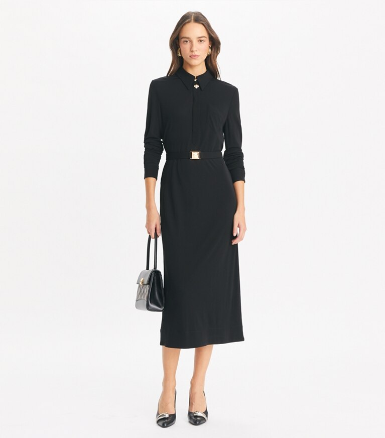 Tory Burch designer robes Robe chemise en jersey à ceinture in Black front