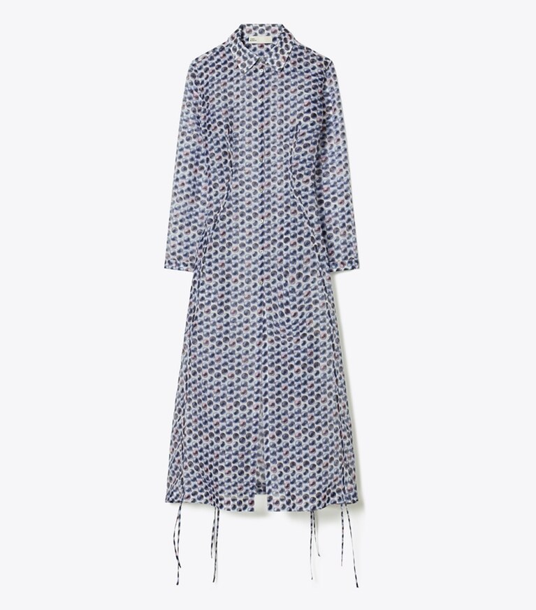 Tory Burch designer robes Robe chemise en organza de soie in Blue Candy Dots front