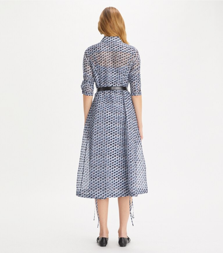 Tory Burch designer robes Robe chemise en organza de soie in Blue Candy Dots front