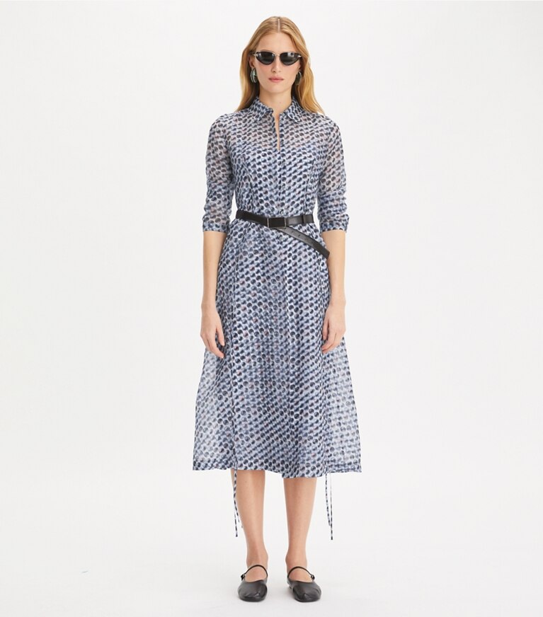 Tory Burch designer robes Robe chemise en organza de soie in Blue Candy Dots front