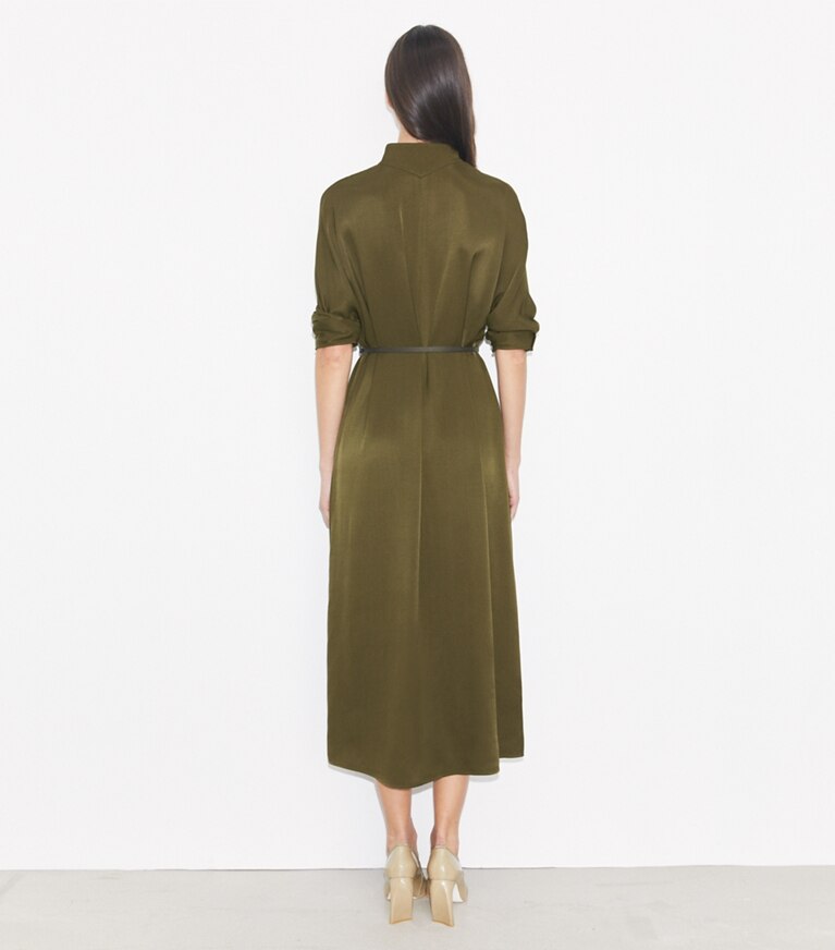 Tory Burch designer robes Robe chemise en satin in Olive Pesto front