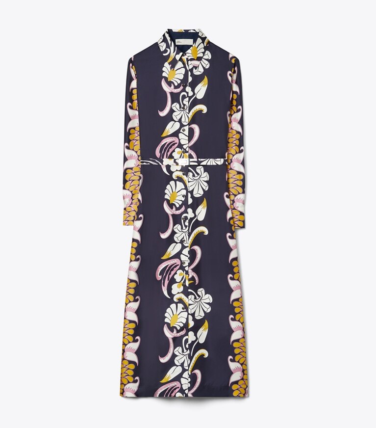 Tory Burch designer robes Robe chemise en sergé de soie imprimé in Pink Tropical Border front