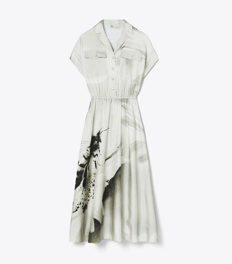 Tory Burch designer robes Robe chemise en sergé de soie imprimé dans Gray Bee de face