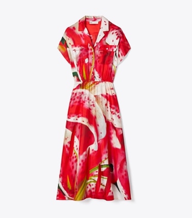 Tory Burch designer robes Robe chemise en sergé de soie imprimé in Pink Lily front