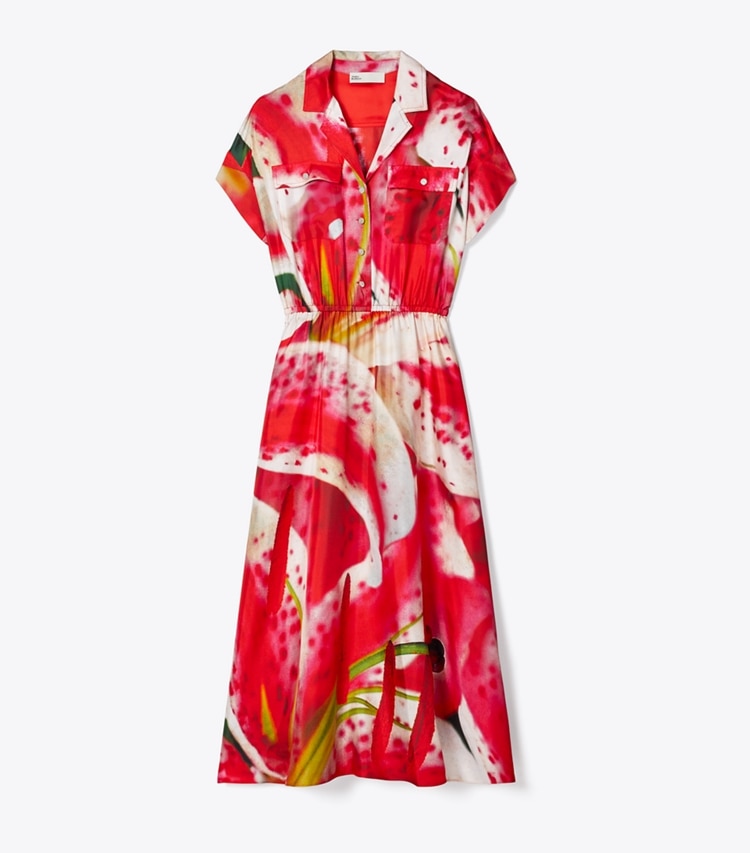 Tory Burch designer robes Robe chemise en sergé de soie imprimé in Pink Lily front