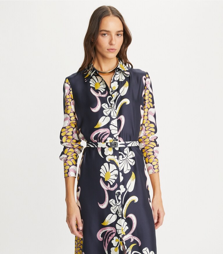 Tory Burch designer robes Robe chemise en sergé de soie imprimé in Pink Tropical Border on model detail