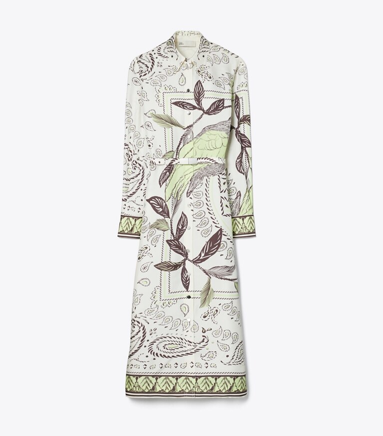 Tory Burch designer robes Robe chemise en soie imprimée in Mint Cockatoo front