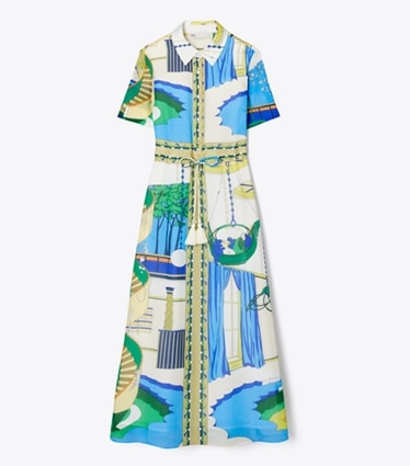 Tory Burch designer robes Robe chemise en voile de coton et soie dans The Pool Blue de face