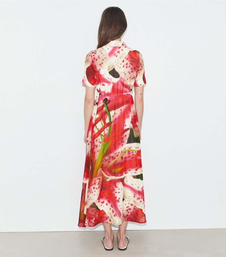 Tory Burch designer robes Robe chemise en voile de coton et soie dans Pink Lily sur modèle, de dos