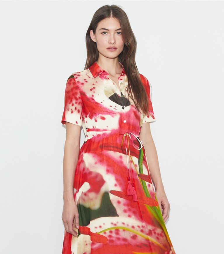 Tory Burch designer robes Robe chemise en voile de coton et soie dans Pink Lily détail sur modèle