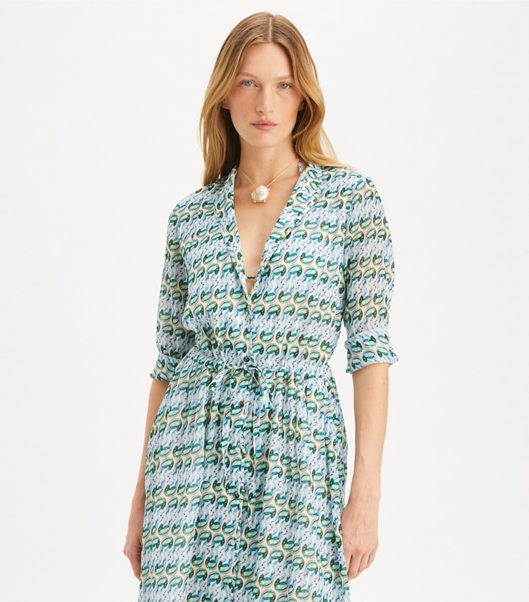 Tory Burch designer paréos Robe chemise imprimée in Blue Glass Swan Allover front