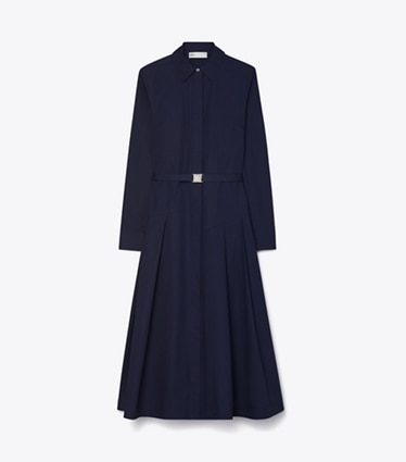Tory Burch designer robes Robe chemise plissée en coton in Medium Navy front