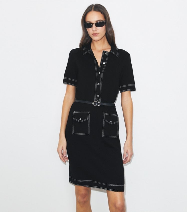 Tory Burch designer robes Robe chemisette en laine surpiquée in Black on model detail