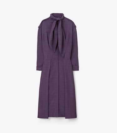 Tory Burch designer robes Robe chemisier en jacquard à nouer à l’avant dans Blue Slate / Cherrywood de face