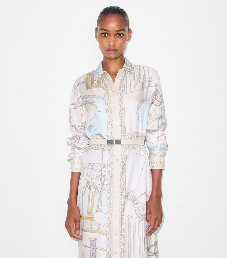 Tory Burch designer robes Robe chemisier en soie imprimée dans The Pool Beige détail sur modèle