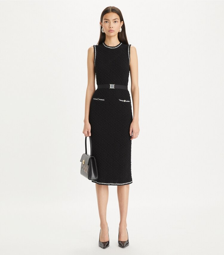 Tory Burch designer robes Robe débardeur en coton maille pointelle in Black sur mannequin, devant