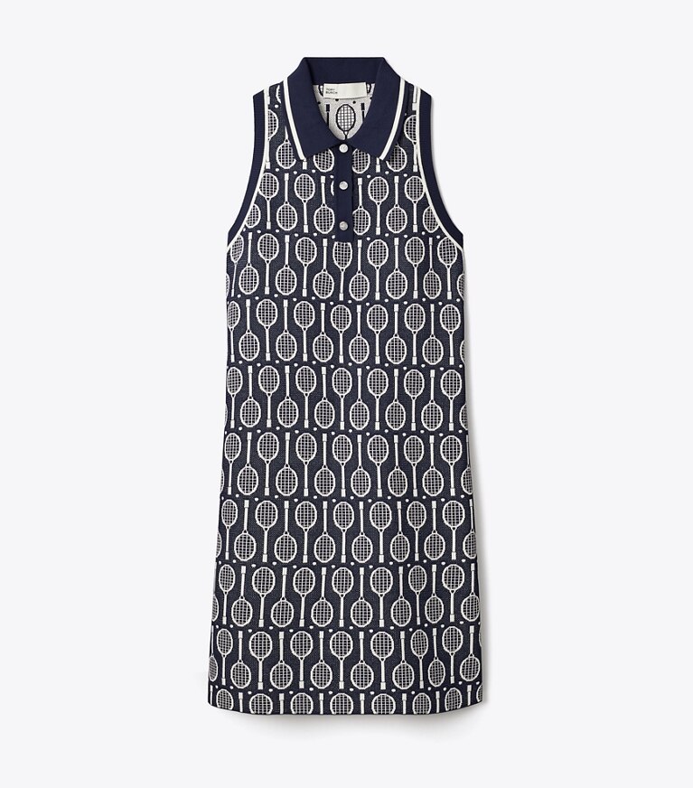 Tory Sport designer robes Robe débardeur polo en maille technique in Tory Navy Racquets front